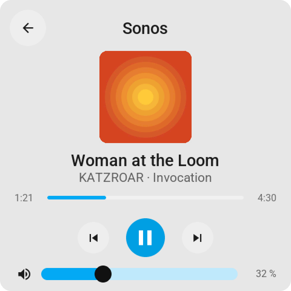 The media card on the Guition: the album cover, the title, artist and album, a progress bar with the elapsed and total time, previous, pause and next keys and the volume slider