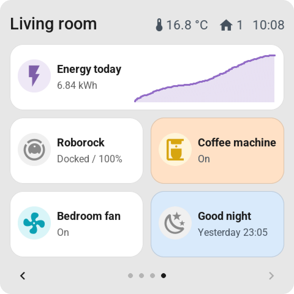 An energy graph, the robot vacuum, a coffee machine, a fan and a good-night script with pastel backgrounds