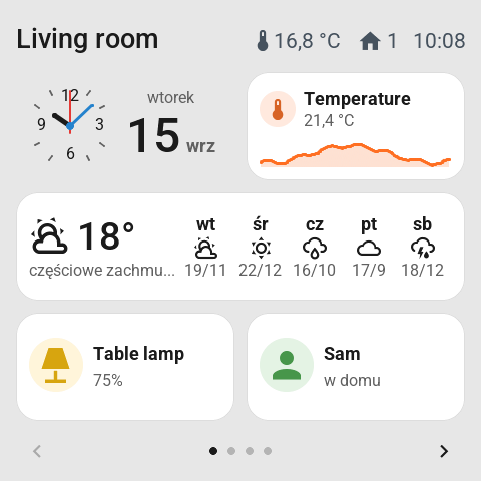 The same screen in Polish: wtorek 15 wrz, częściowe zachmurzenie with the days wt śr cz pt sb, and Sam is w domu