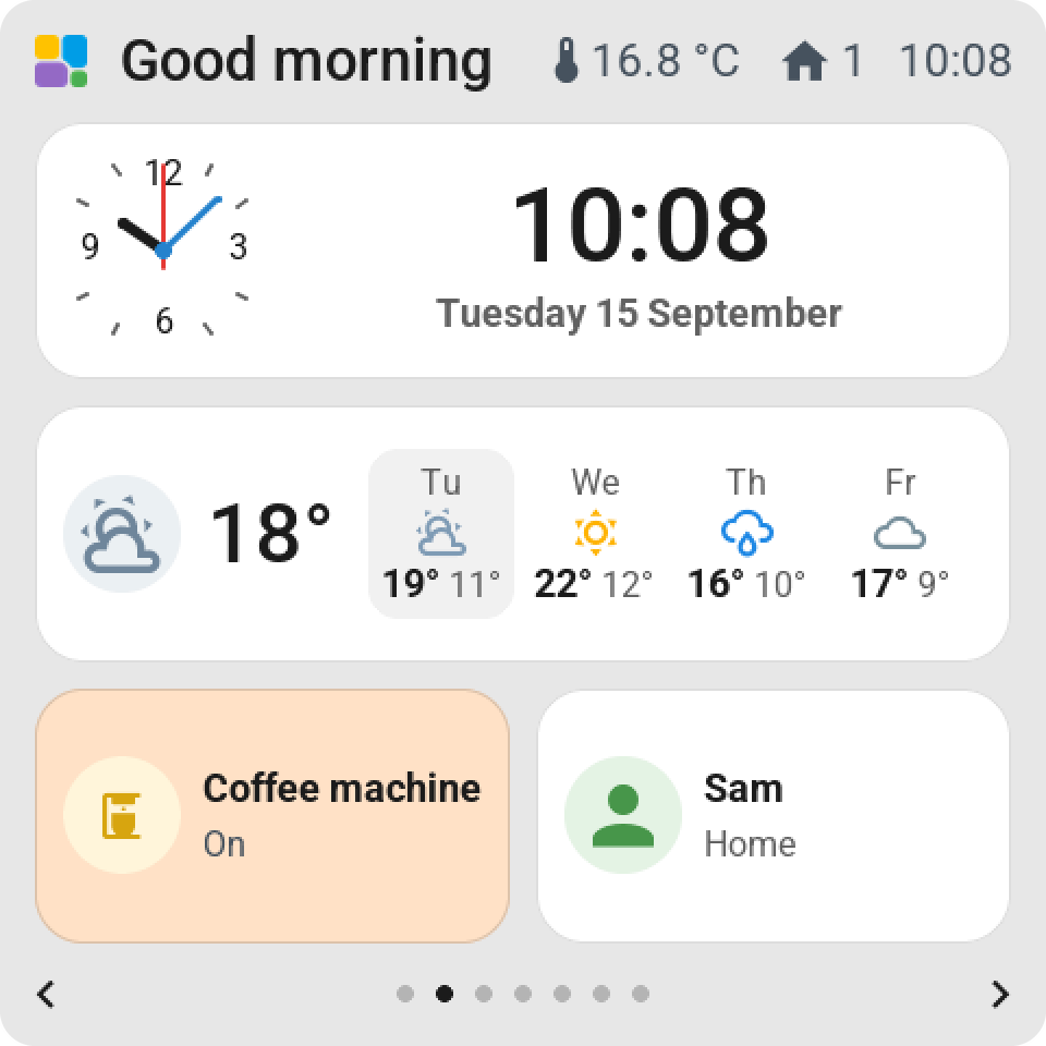 The Good morning page on the 4-inch Guition: an analog clock with the time and the date, the weather for four days, the coffee machine in orange and Sam at home