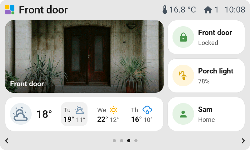 The front door page on the 4.3-inch Waveshare: the front door camera live on a tile of two by two cells, the lock, the porch light, the weather and Sam