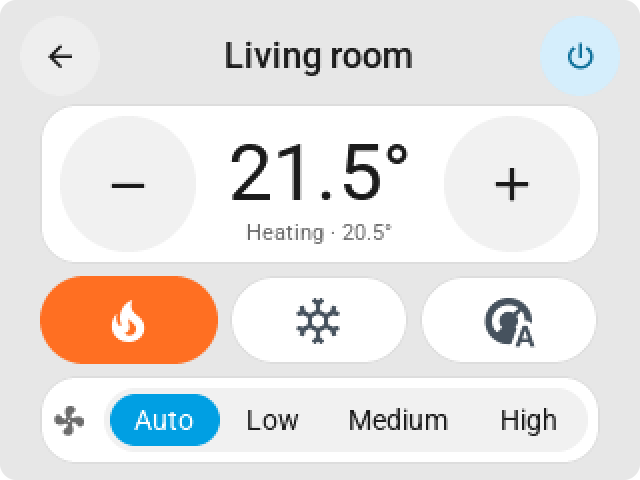 The climate card on the CYD: the target temperature with big minus and plus keys and one row of mode keys