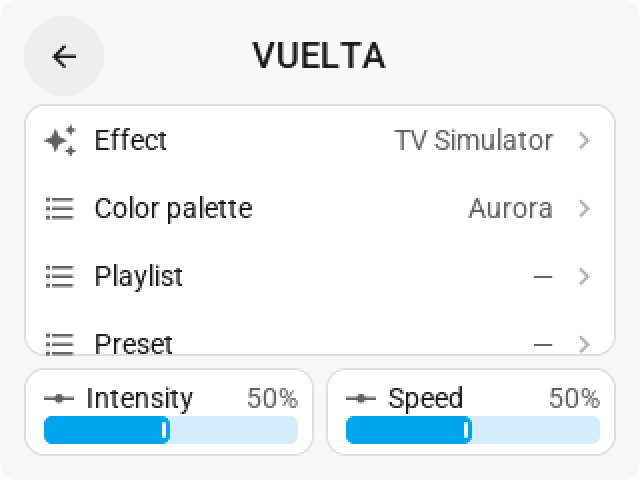 The same effects page on the CYD: four rows and the two sliders in 320 by 240 pixels