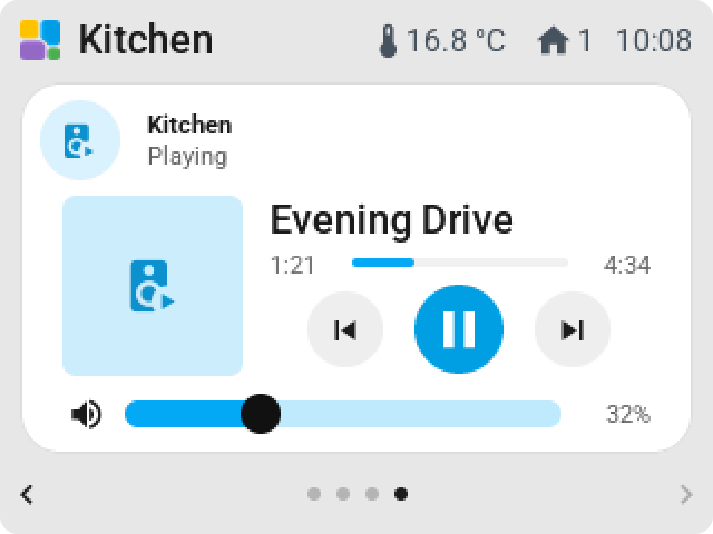 A media player over the whole CYD page: the icon at the left, the track and the keys beside it, the volume row along the bottom