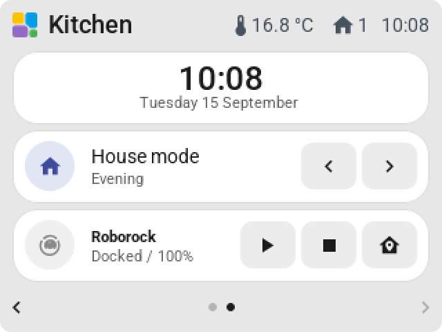 The CYD with a digital clock, previous and next for the house mode, and start, stop and dock for the robot vacuum