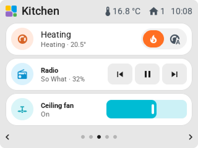 The CYD with heating mode keys, playback keys for the radio and a ceiling fan's speed slider