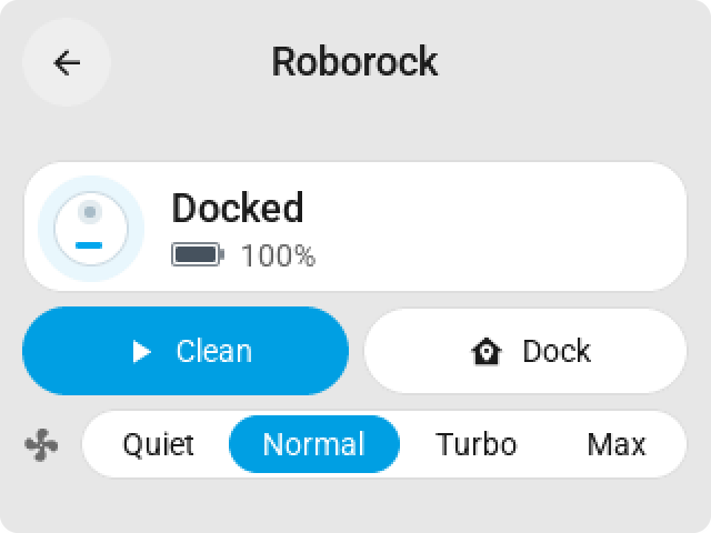 The vacuum card on the CYD: docked at 100 %, clean and dock, and the suction from Quiet to Max