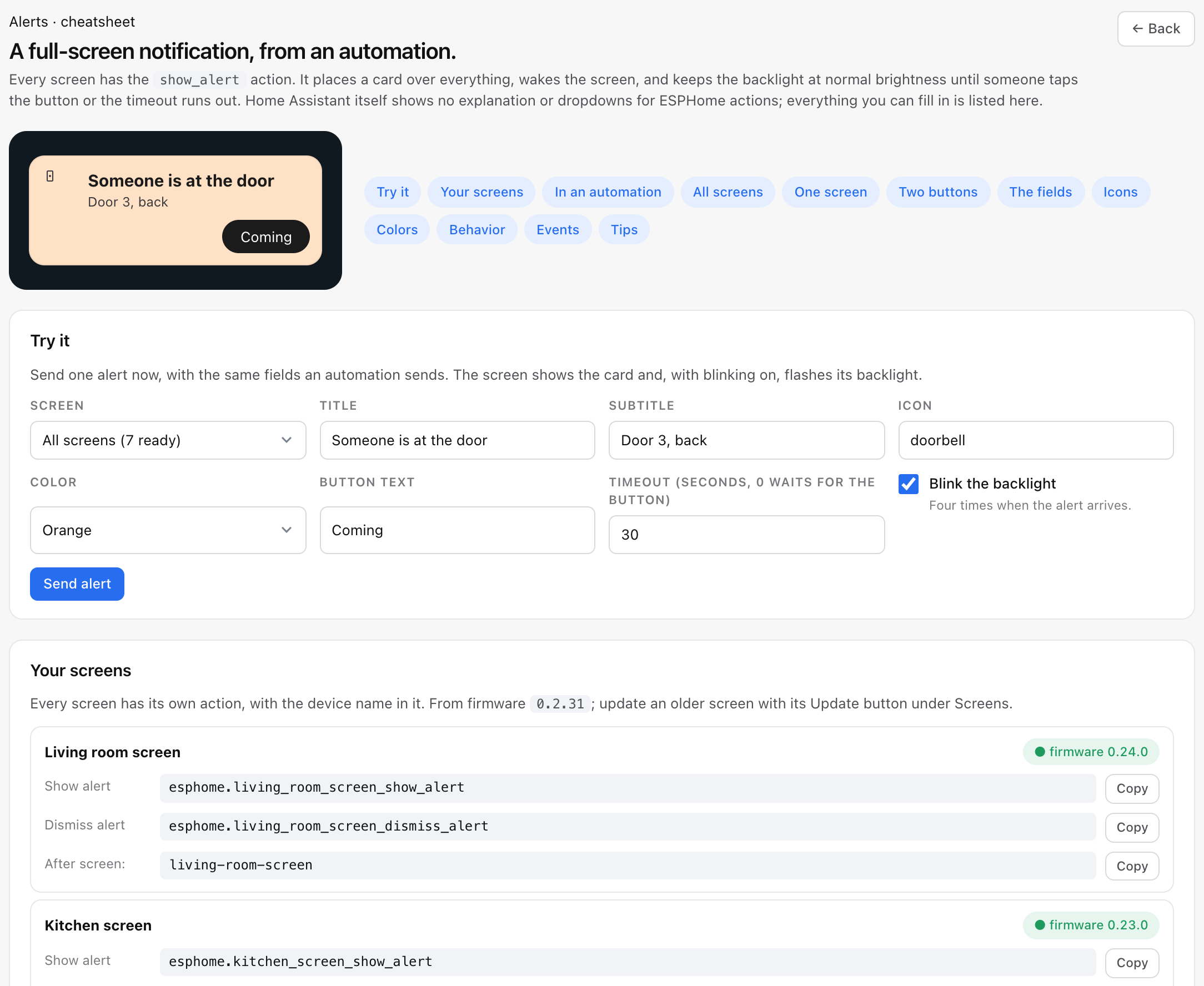 The Alerts cheatsheet in Tessera: a preview of the alert, a form to try one, and the action name of every screen, ready to copy