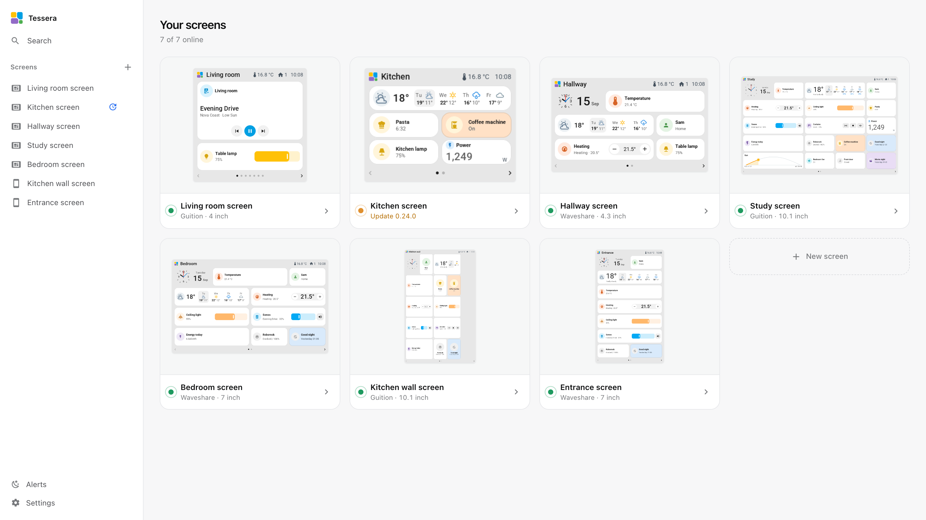 Tessera in Home Assistant: Your screens, seven screens from the 2.8-inch CYD to the 10.1-inch Guition, each with a preview of its first page drawn by its own firmware, one with an update waiting