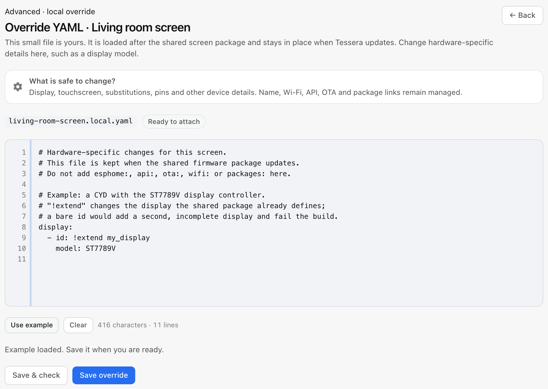 Override YAML for the living room screen: a small file of its own, loaded after the shared package, here with the example that changes the display controller