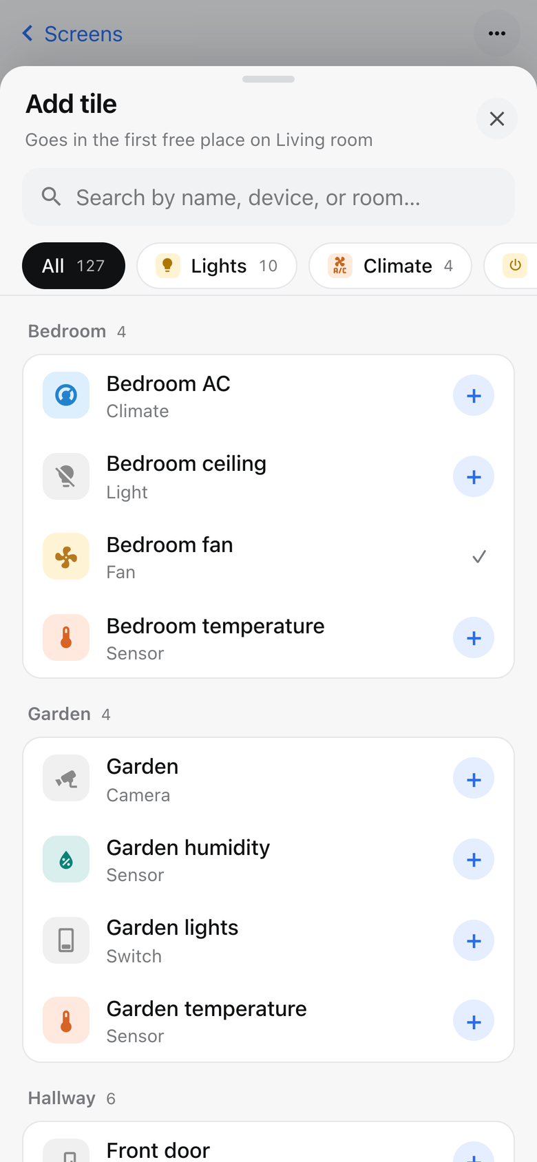 Add tile on a phone: a sheet with search, the kinds as chips and the home's devices by room, each with a plus