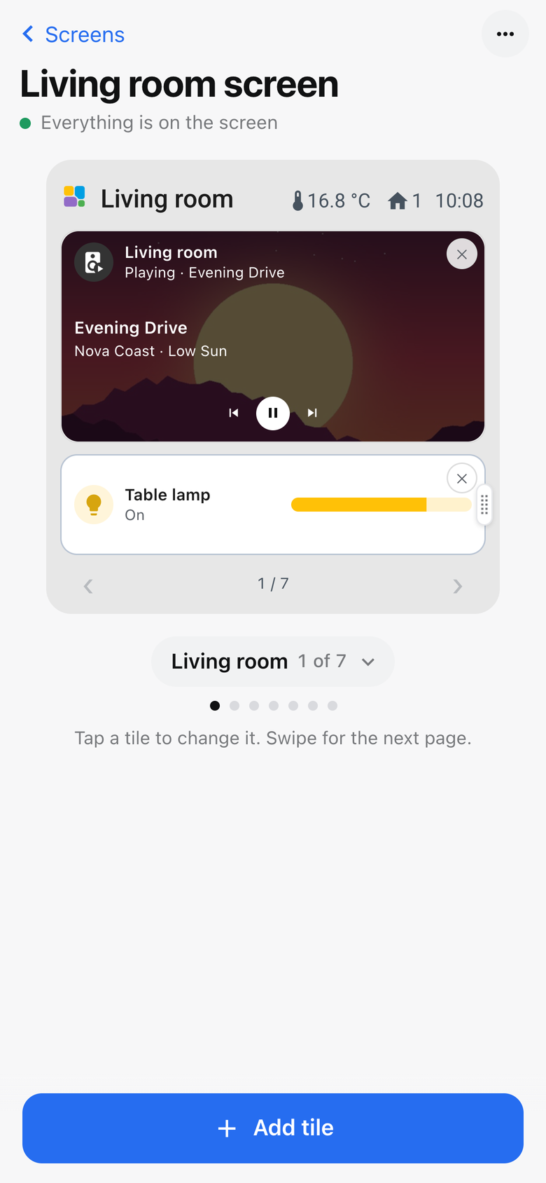 One screen on a phone: its page as the screen shows it, the page picker under it and one big Add tile button