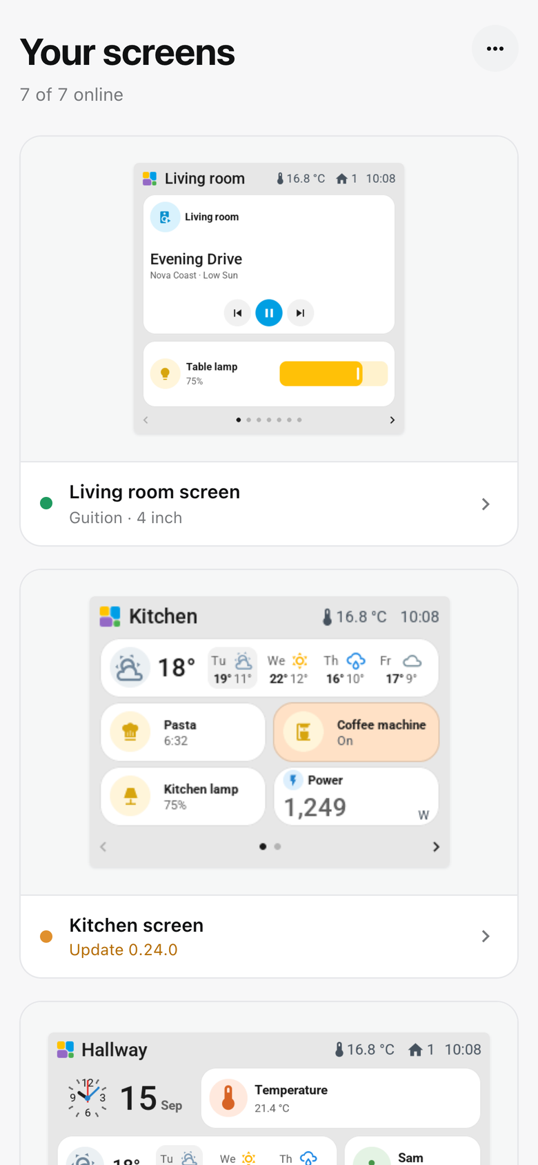 Tessera on a phone: Your screens, each with a preview of its first page drawn by its own firmware, one with an update waiting