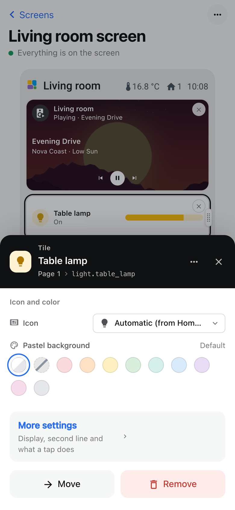 A tile tapped on a phone: a sheet with its icon and pastel background, More settings, Move and Remove