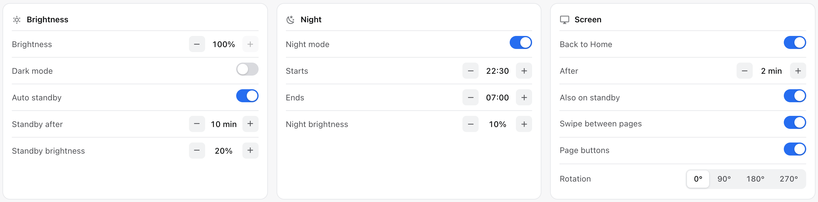 The Screen settings tab in Tessera: Brightness with Dark mode and standby, Night with its hours and brightness, and Screen with back to Home, swiping, the page buttons and the rotation