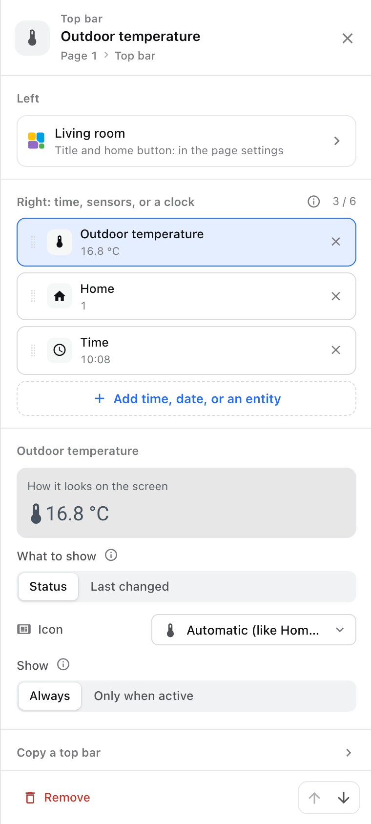 The top bar in the drawer: the page title on the left, and on the right the outdoor temperature, people at home and the time, with how each looks on the screen