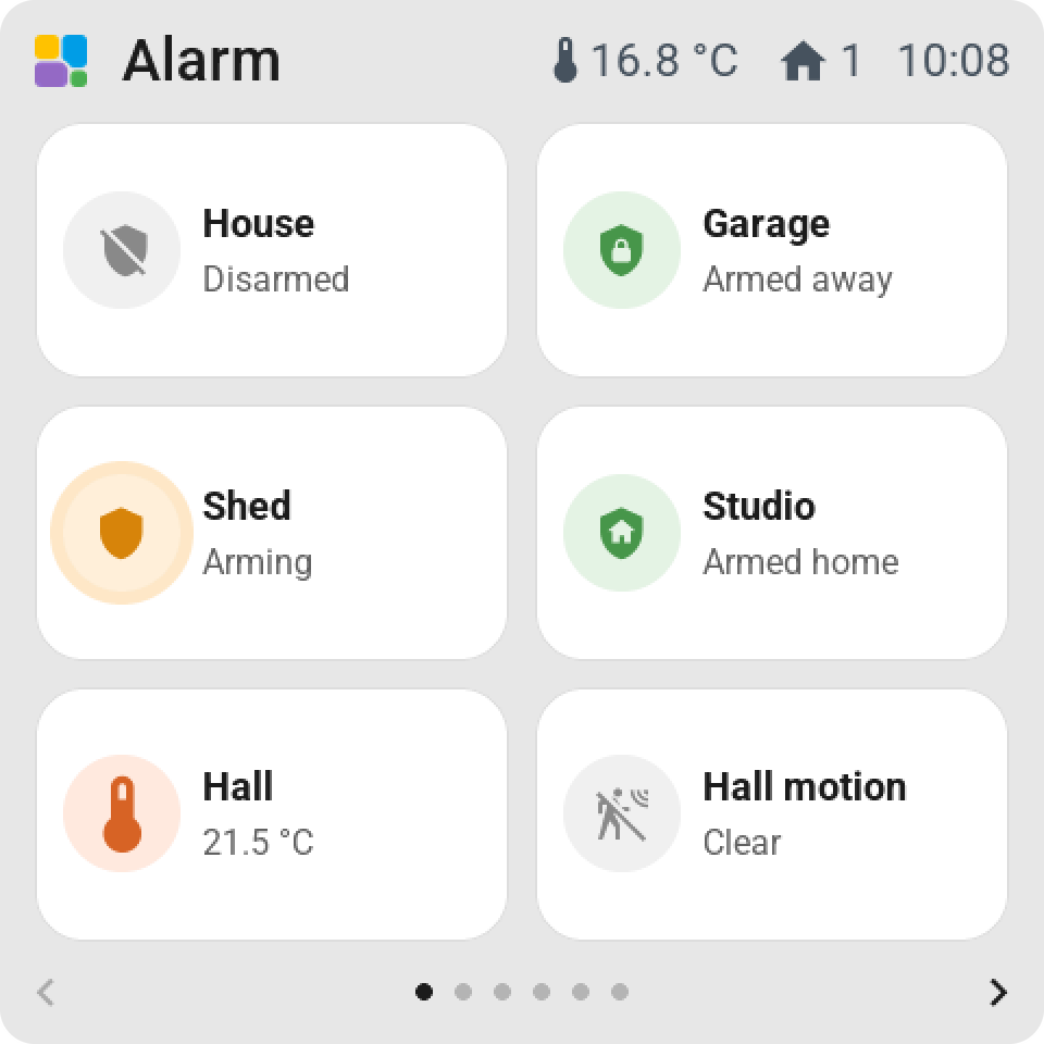 Four alarm panels as tiles: the house disarmed in grey, the garage armed away in green, the shed arming in orange and the studio armed home in green
