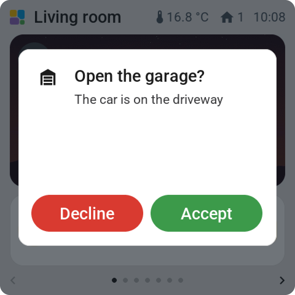 An alert on the Guition asking to open the garage, with a red Decline and a green Accept button side by side