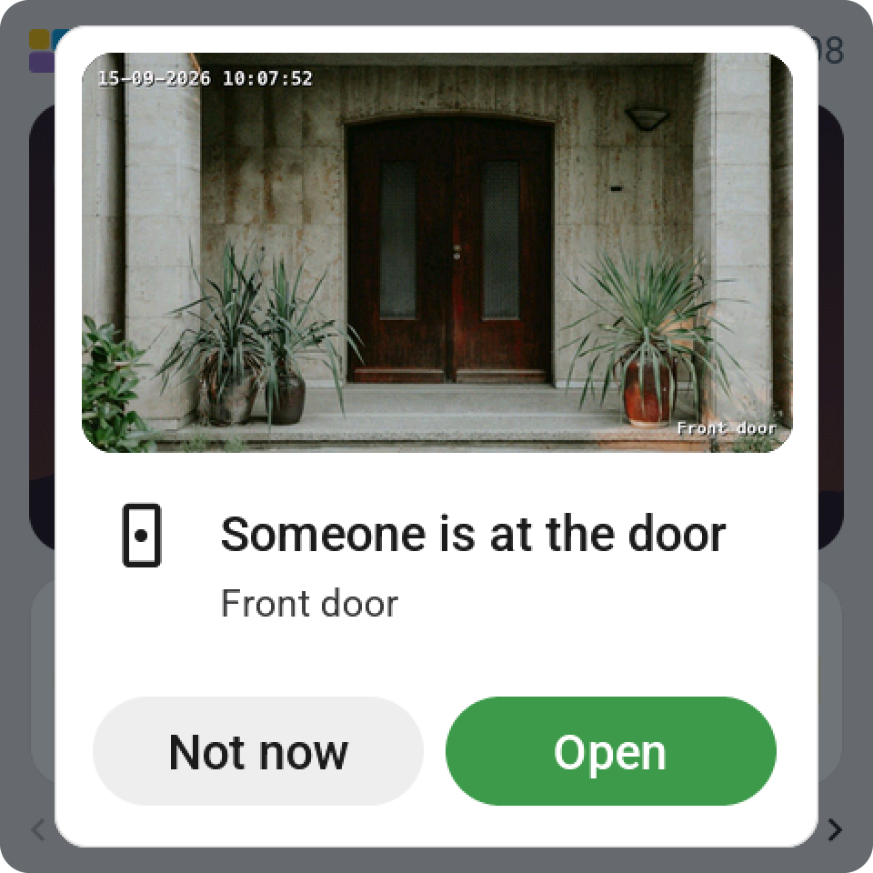 An alert on the Guition with the front door camera's picture and two buttons: Not now in grey and Open in green