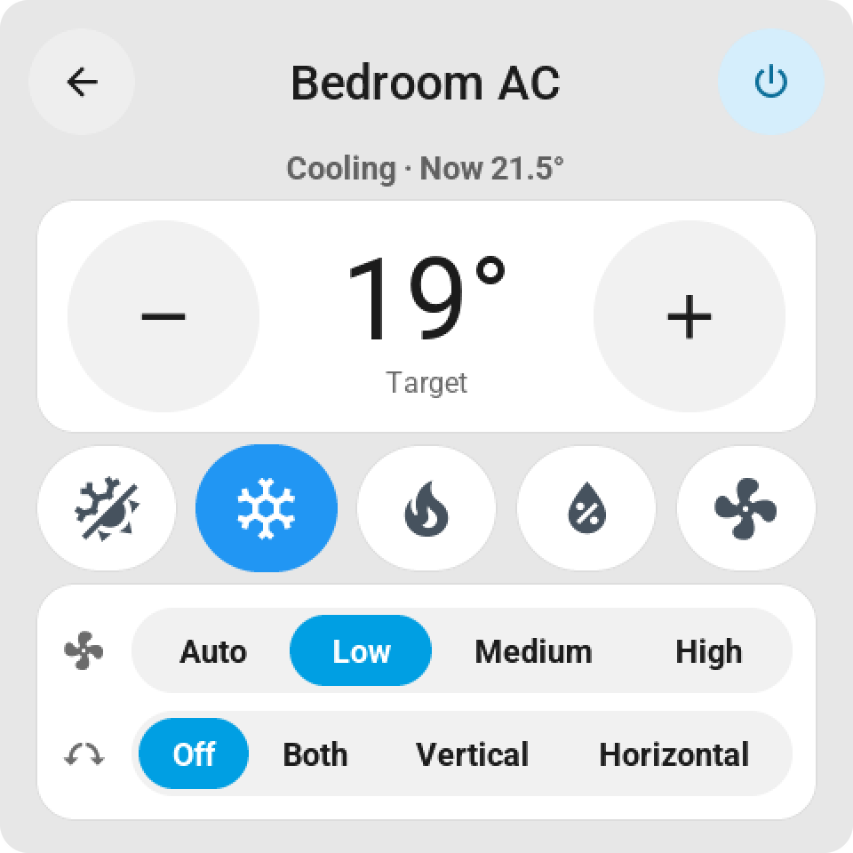 Climate card: the target temperature between big minus and plus keys, the mode keys, and fan and swing choices