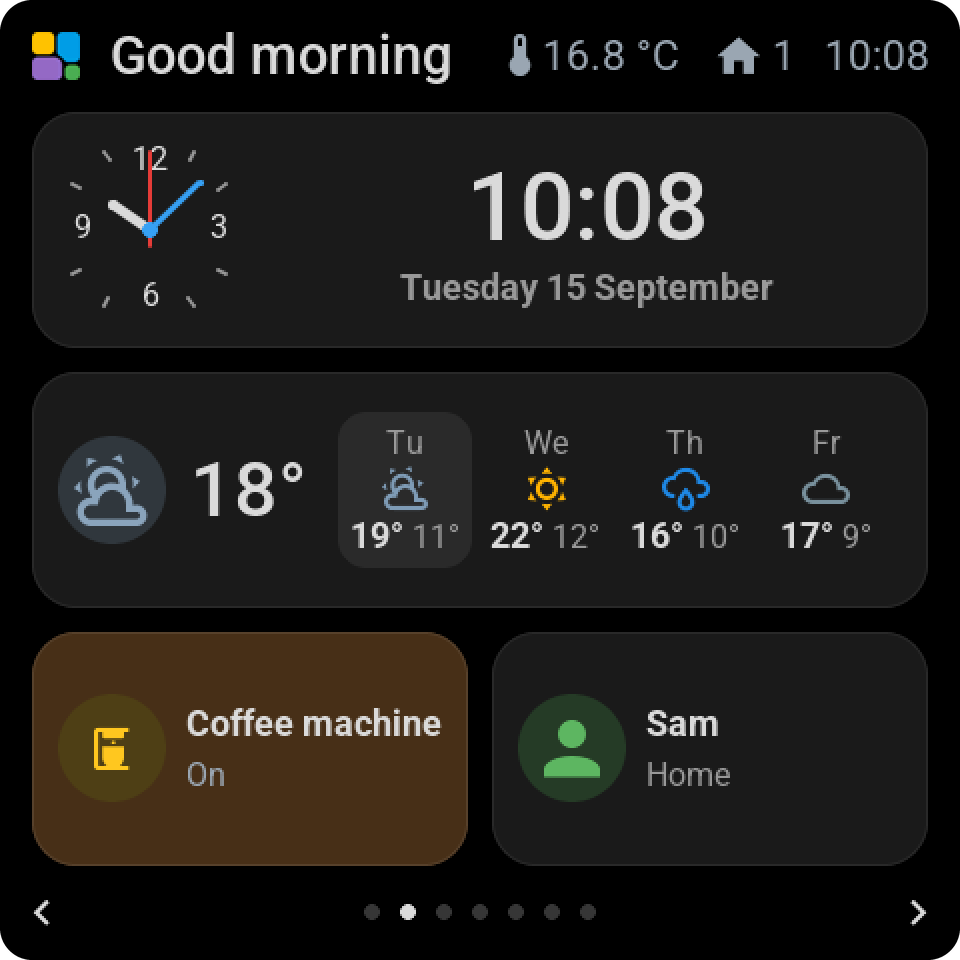 Dark mode on the Good morning page: graphite cards and soft white text, the clock, the weather, the coffee machine in a deep orange and Sam