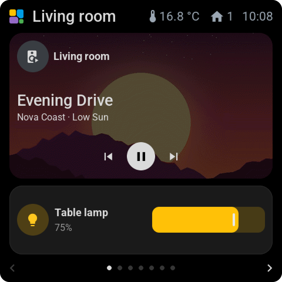 Dark mode on the Guition: the living room page on a black page, the album cover and the lamp dimmer in their own colours