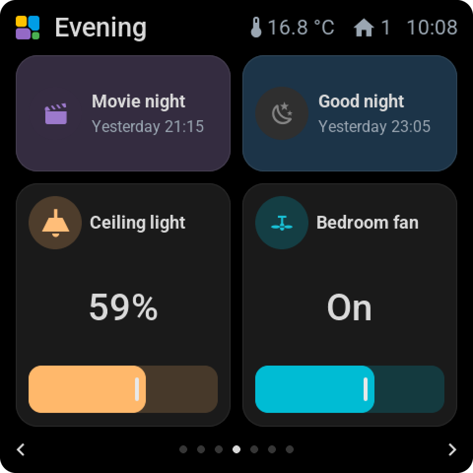 Dark mode on the Evening page: the two scenes in deeper lilac and blue, and the tall ceiling light and fan sliders keep their colours
