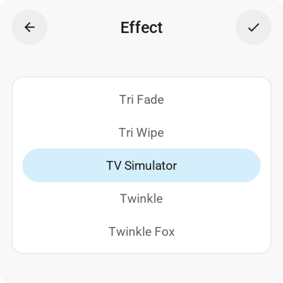 The effect picker: a drum with every effect Home Assistant lists, TV Simulator in the middle, and the check key at the top right that sends it