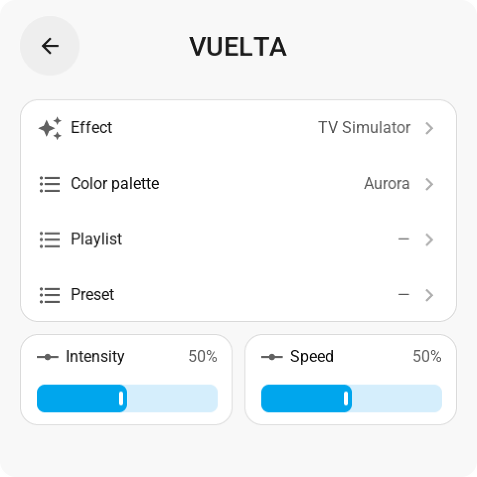 The effects page of a WLED lamp: the effect, colour palette, preset and playlist rows with what they are set to, and the speed and intensity sliders