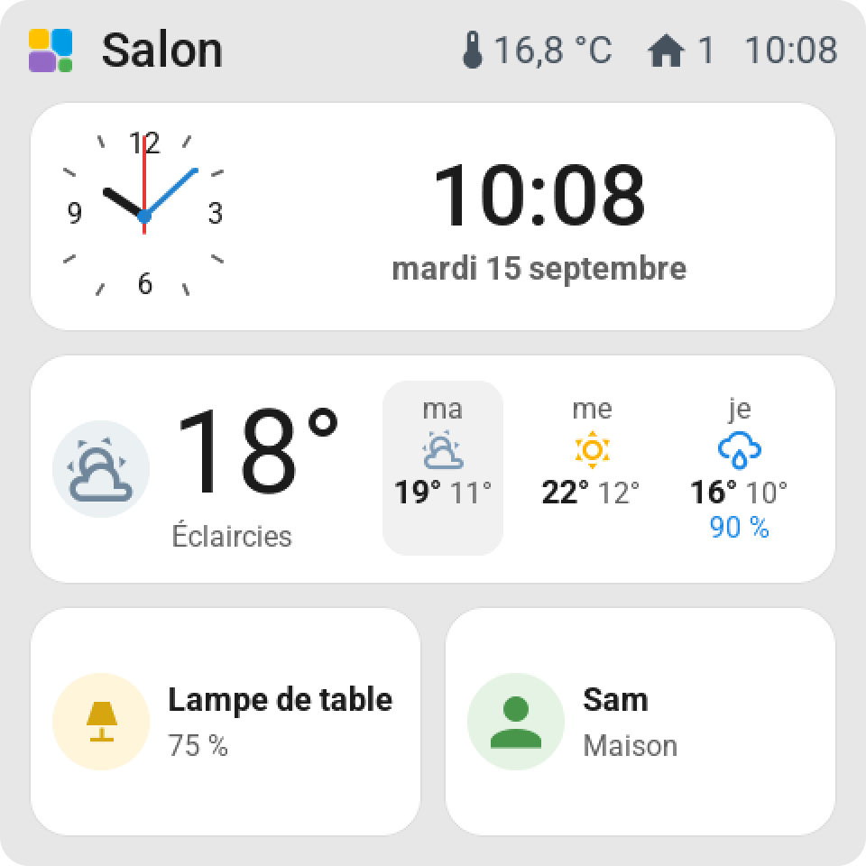 The same screen in French: Salon, mardi 15 septembre beside the clock, Éclaircies with the days ma me je, the Lampe de table at 75 % and Sam Maison