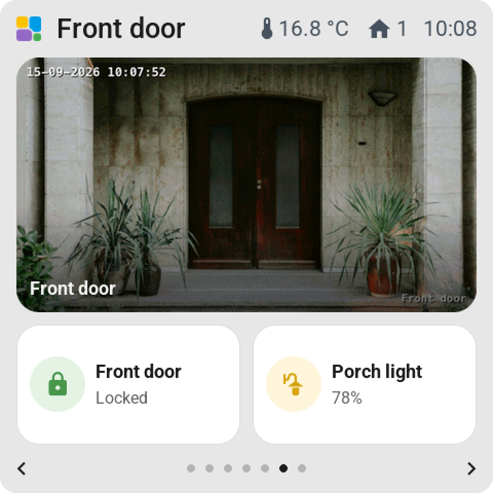 The Front door page on the Guition 4-inch screen: the front door camera live on a tile of two by two cells with its name, the front door locked and the porch light on