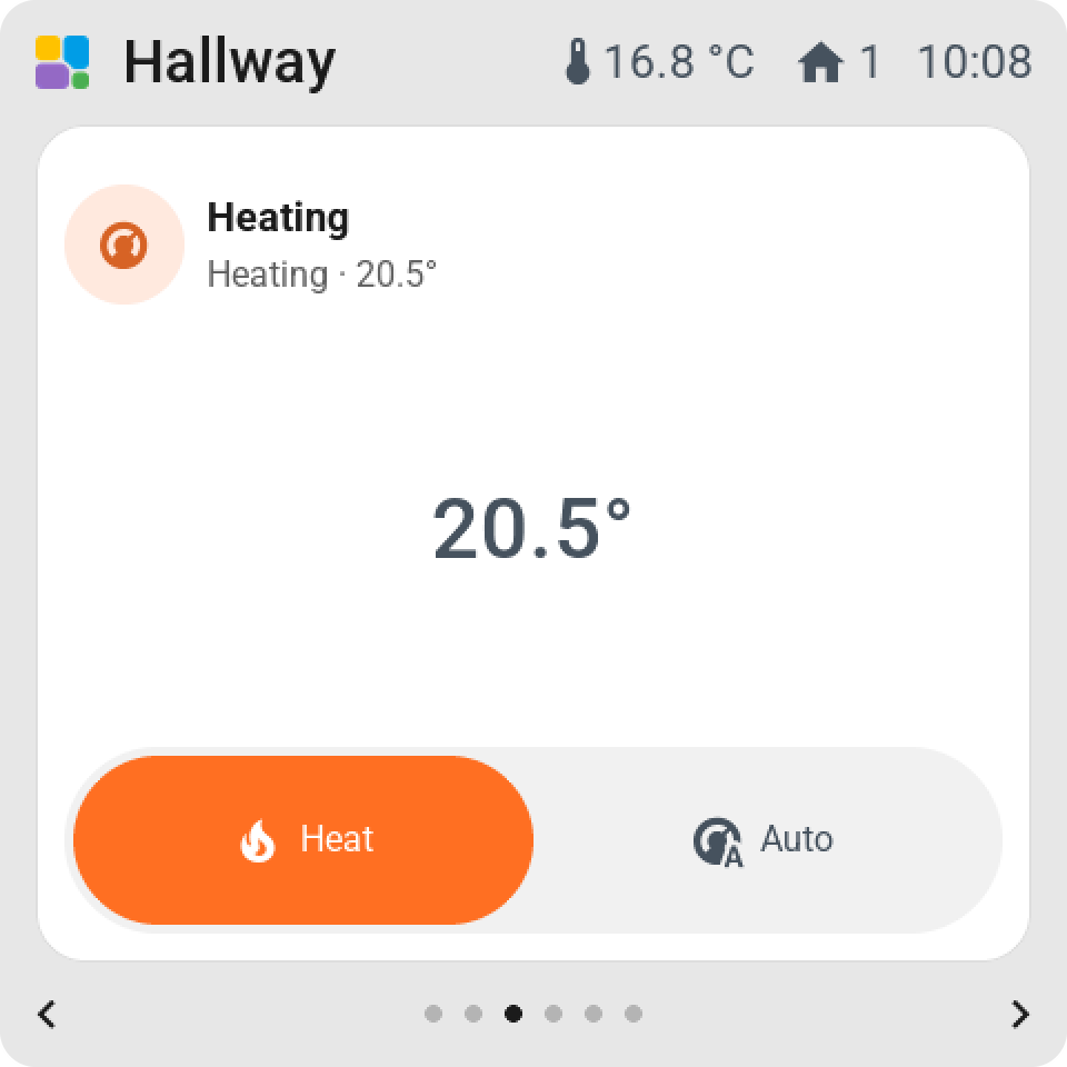 A full-page heating tile: the room temperature big in the middle, the mode keys at the bottom