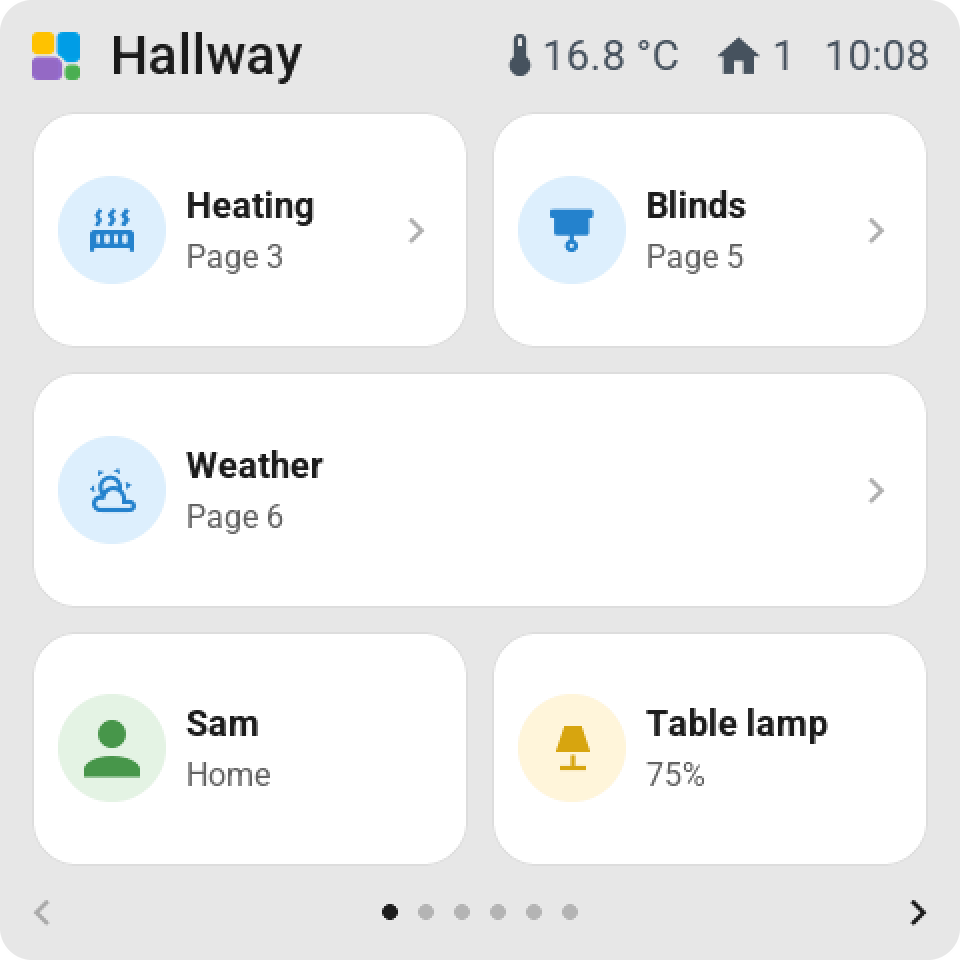 Navigation tiles: Heating, Blinds and Weather each open their own page, next to a person and a lamp
