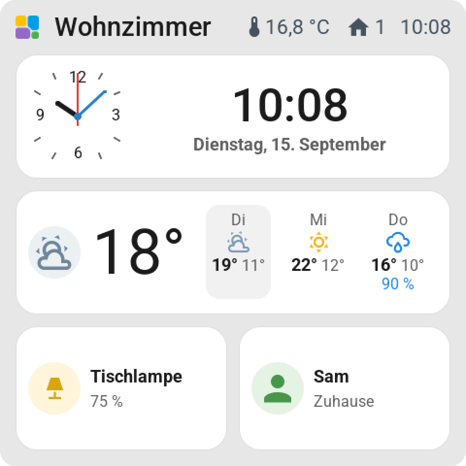 A Guition in German: Wohnzimmer at the top with 16,8 °C, Dienstag, 15. September beside the analog clock, the days Di Mi Do, the Tischlampe at 75 % and Sam Zuhause