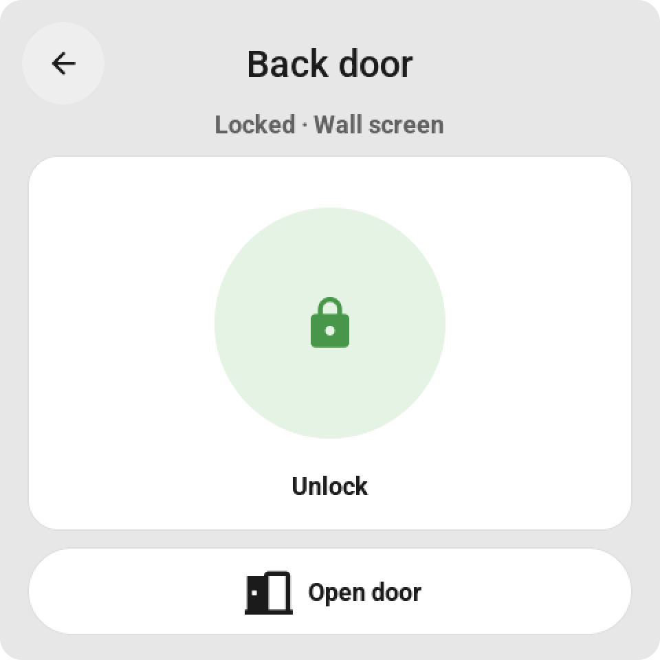 The lock card: a big green lock to tap with Unlock under it, and an Open door key
