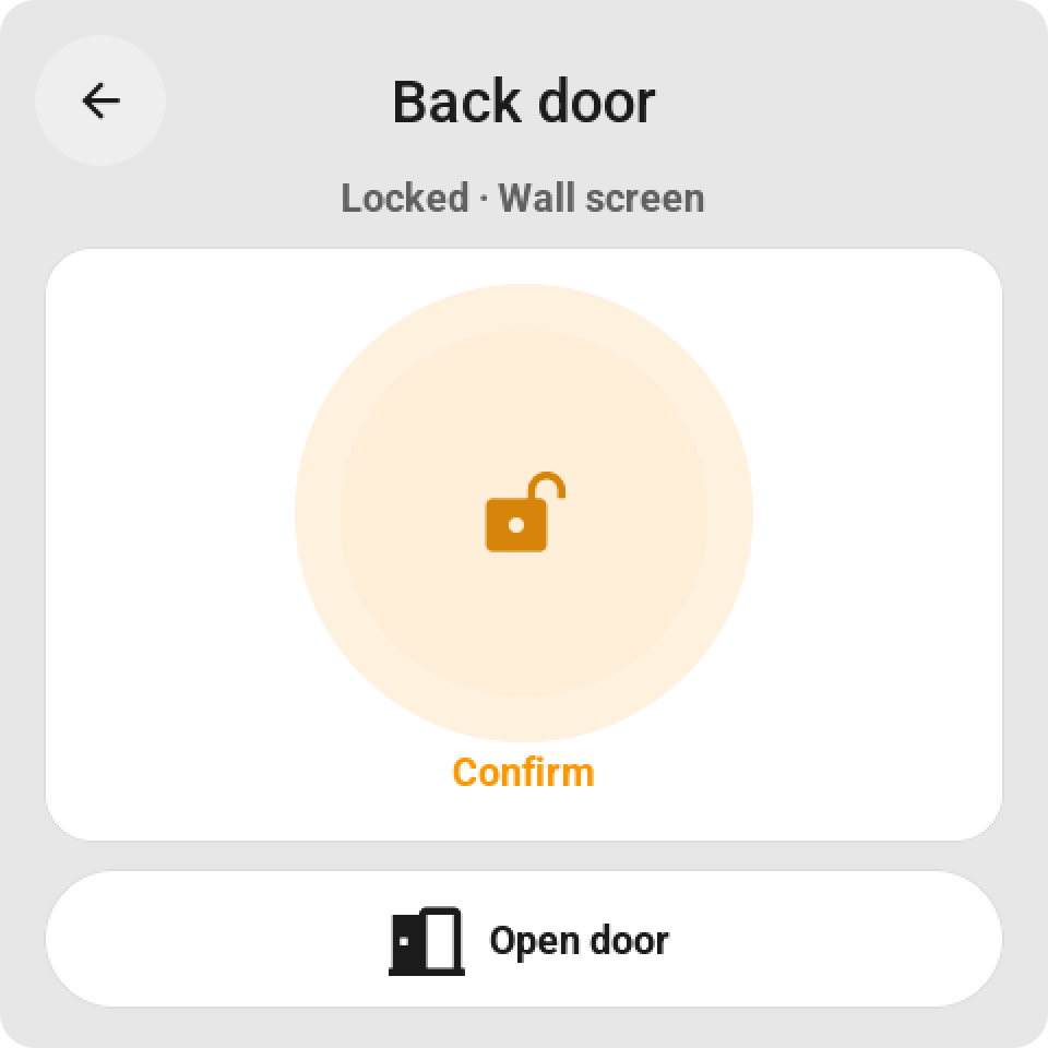 The lock card waiting for the second tap: the big lock orange and open, with Confirm under it