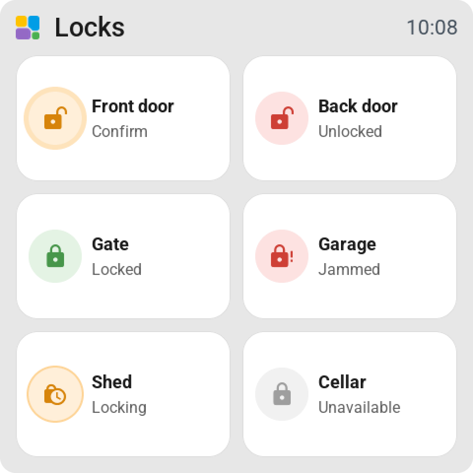 Six locks as tiles: the front door asking to confirm in orange, the back door unlocked in red, the gate locked in green, the garage jammed in red, the shed locking in orange and the cellar unavailable in grey