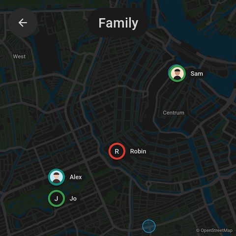 The full map in dark mode with a person's card
