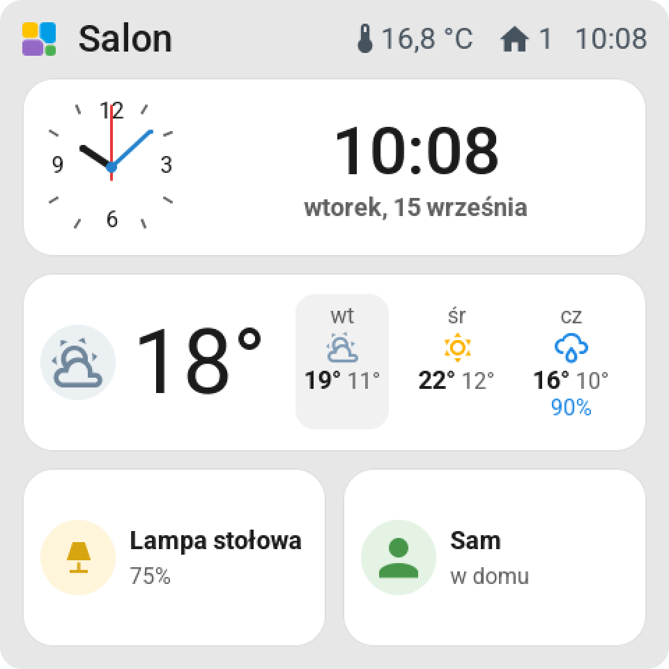 The same screen in Polish: Salon, wtorek, 15 września beside the clock, the days wt śr cz, the Lampa stołowa at 75% and Sam w domu