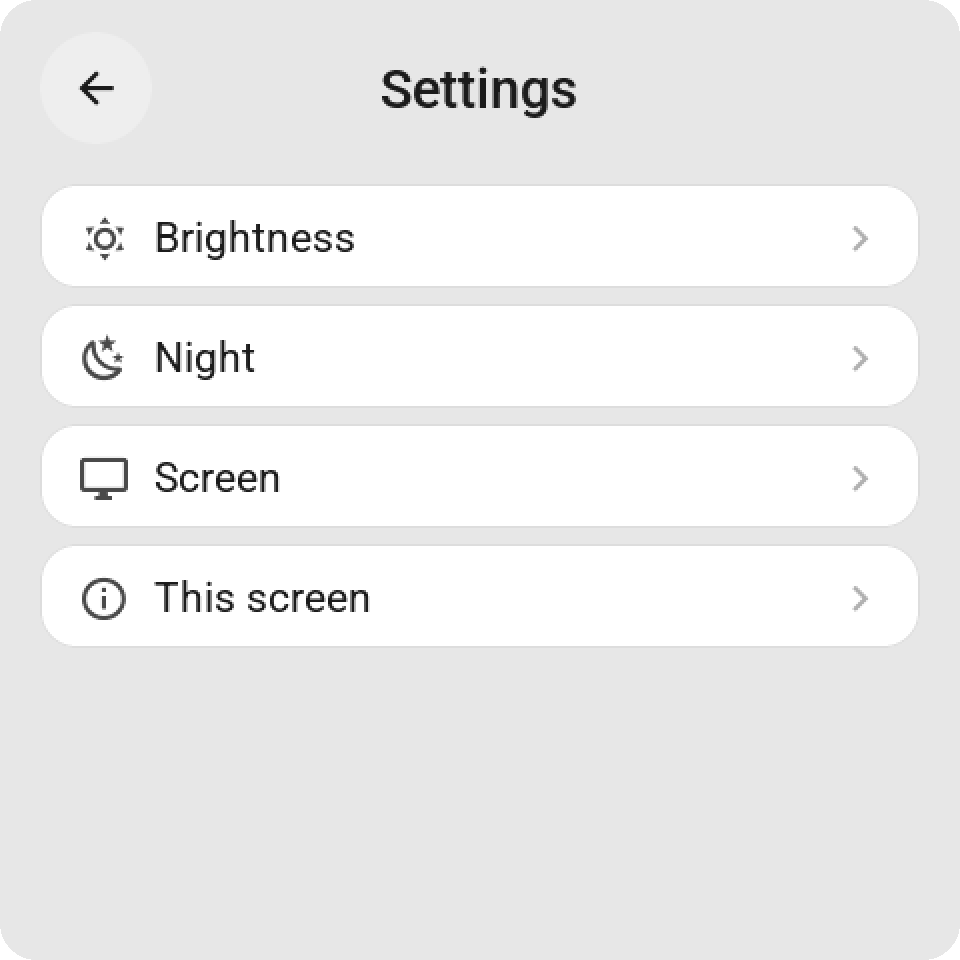 The settings menu on the screen: Brightness, Night, Screen and This screen