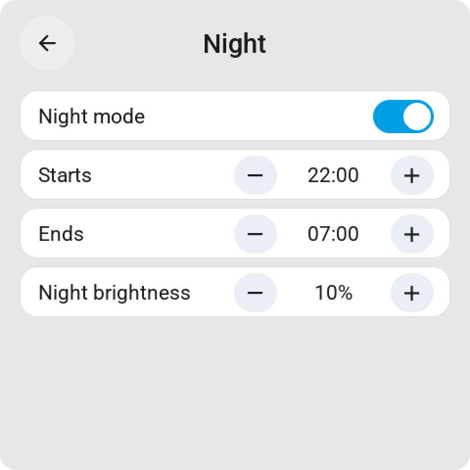 The Night page: Night mode on, starting at 22:00 and ending at 07:00, and the night brightness at 10 %