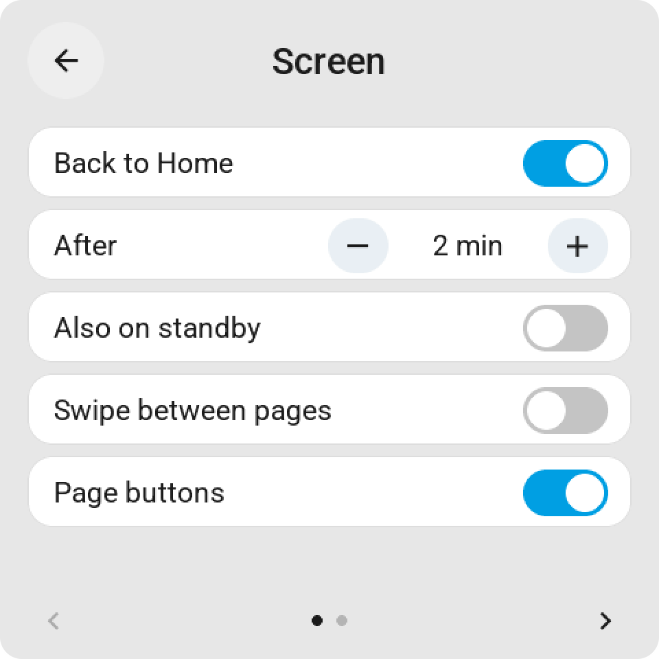 The settings page on the Guition, Screen: back to Home by itself and after how long, also on standby, swiping between pages and the page buttons, with the rotation on its second page
