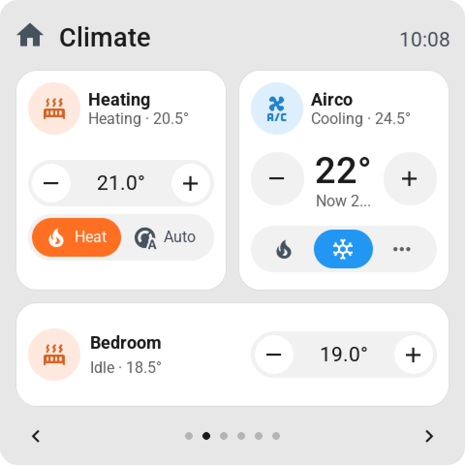 A thermostat tile two rows tall with its temperature between minus and plus and a bar of modes