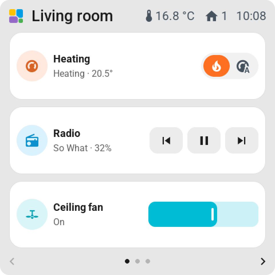 Tiles on a 4-inch screen: lights, heating, a blind and a sensor