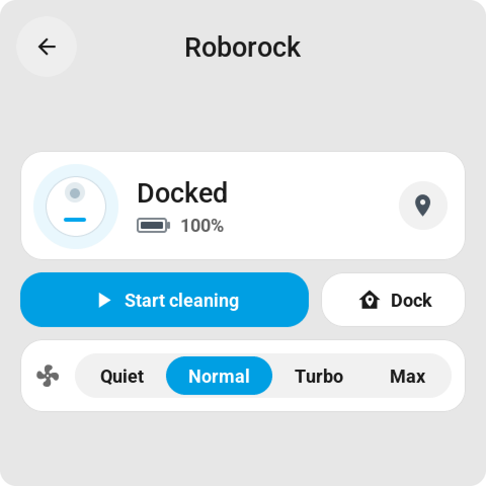 Vacuum card: docked at 100 %, Start cleaning and Dock, and the suction from Quiet to Max