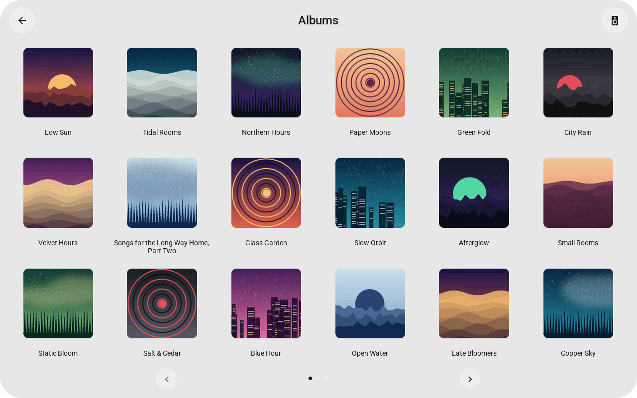 A page of albums on the 10.1-inch Guition: eighteen covers in three rows of six