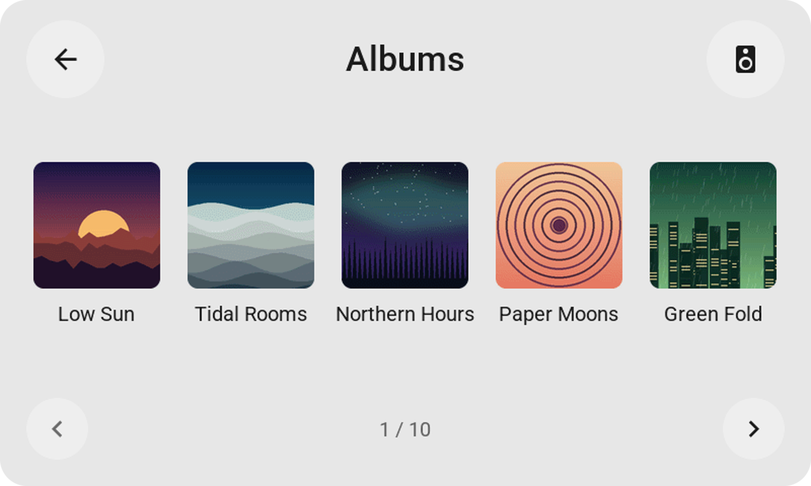 A page of albums on the 4.3-inch Waveshare: five covers in a row with page arrows