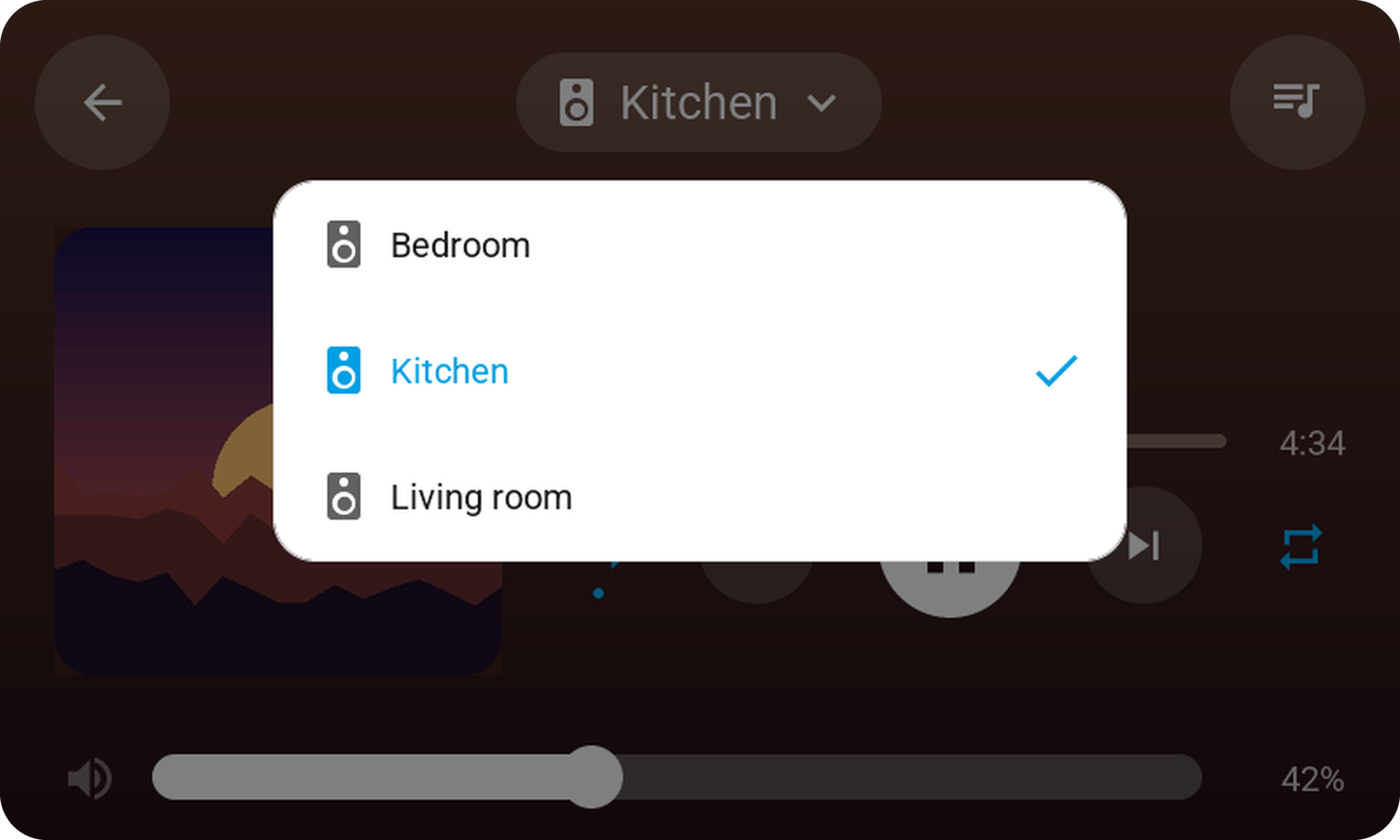 The speaker menu over the player card on the 4.3-inch Waveshare: Bedroom, Kitchen with a check mark, and Living room