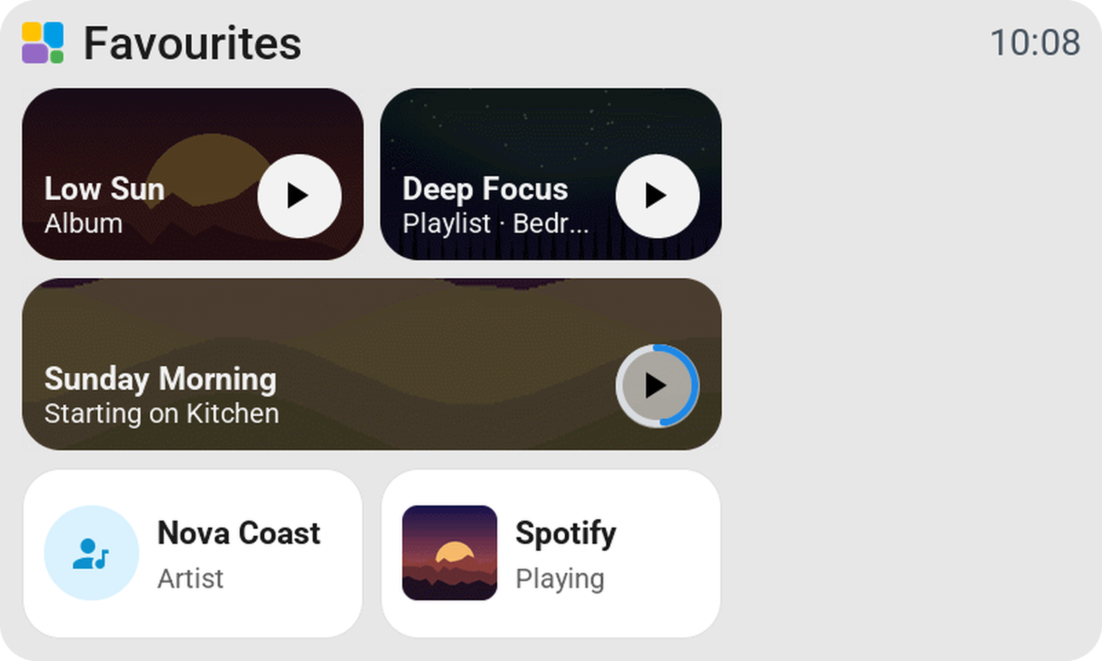 Favourites on the 4.3-inch Waveshare: the wide favourite Sunday Morning starting on the Kitchen speaker, a spinner round its play key
