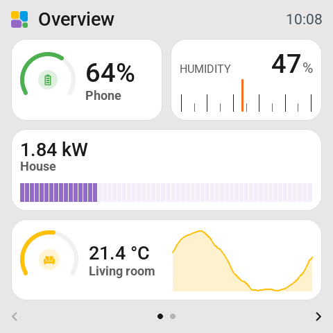 The 4-inch Guition: the phone's battery as a ring, the humidity as a tape, the house's power as a bar of cells, and the living room as a ring with its day beside it